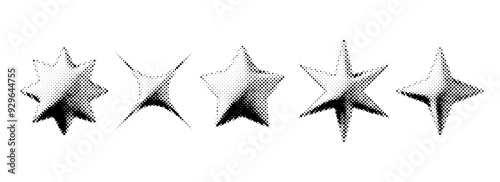 Gritty halftone grunge stars set. 3d dotted grainy star shape collection. Y2K bitmap gradient elements bundle. Pixel comic burst and sparkle design elements for poster, banner, flyer. Vector pack
