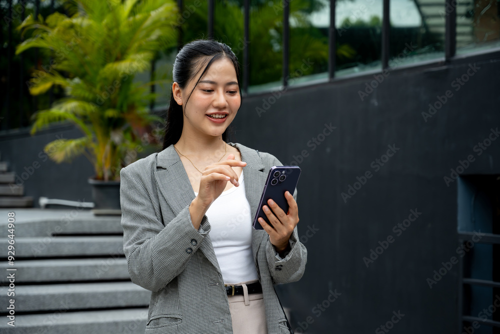 Asian businesswoman talking on phone while sitting on outdoor stairs in city Asian businesswoman talking on phone while sitting on outdoor stairs in city