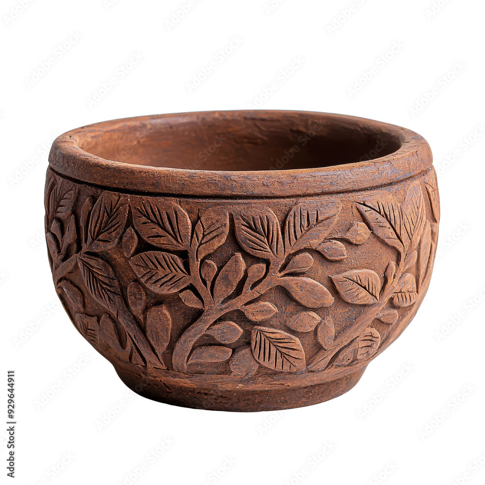 Decorative clay pot with intricate leaf carvings, perfect for gardening or home decor Decorative clay pot with intricate leaf carvings, perfect for gardening or home decor