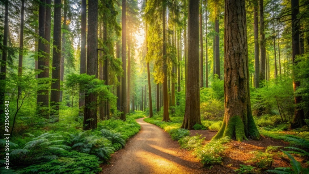A serene nature trail winding through majestic forest with tall trees and lush greenery A serene nature trail winding through majestic forest with tall trees and lush greenery