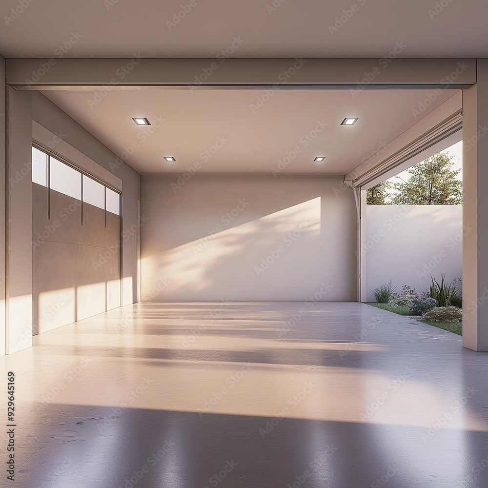 Fototapeta premium Minimalist garage, empty and clean, soft pastel walls, smooth concrete floor