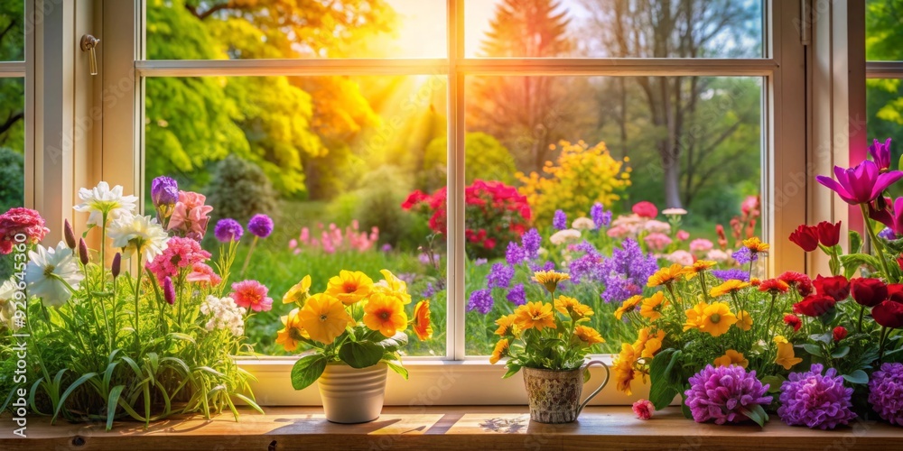 Vibrant flowers blooming in front of a sunlit window creating a beautiful garden scene Vibrant flowers blooming in front of a sunlit window creating a beautiful garden scene