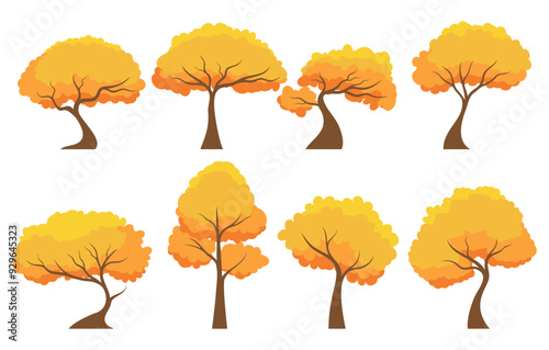 Autumn tree set. Collection of tree isolated on a white background. Each species of trees. A tree with orange leaves. Nature or healthy lifestyle topics. Vector illustration flat design style