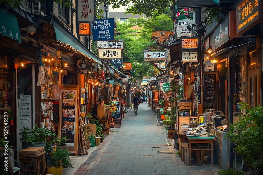 Obraz premium A narrow and complex city alley with few people and many restaurant signs, an emotional landscape that exudes a Korean yet oriental feel.