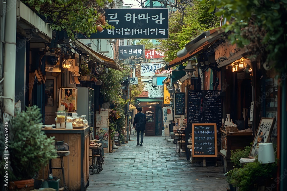 Fototapeta premium A narrow and complex city alley with few people and many restaurant signs, an emotional landscape that exudes a Korean yet oriental feel.