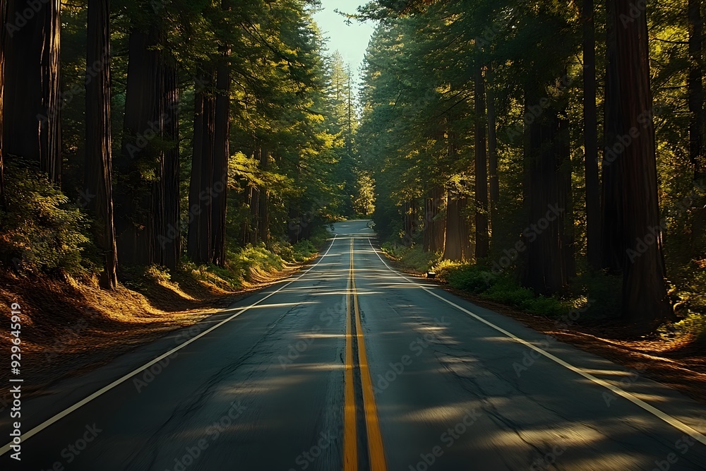 Fototapeta premium Scenery of a road crossing a dense forest with tall trees