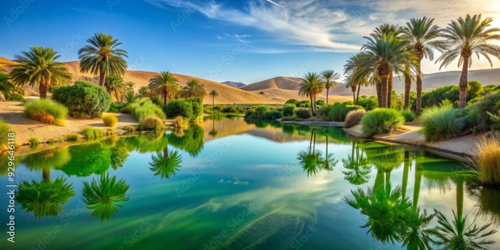 Tranquil green oasis amidst desert sands, offering a serene and isolated nature retreat Tranquil green oasis amidst desert sands, offering a serene and isolated nature retreat