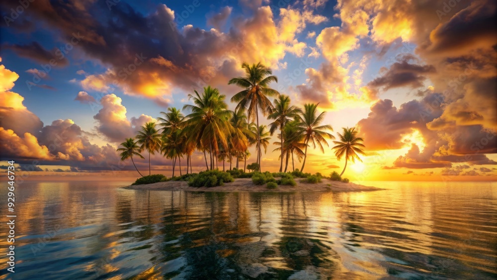 Obraz premium Tropical island paradise with palm trees and golden sunset clouds