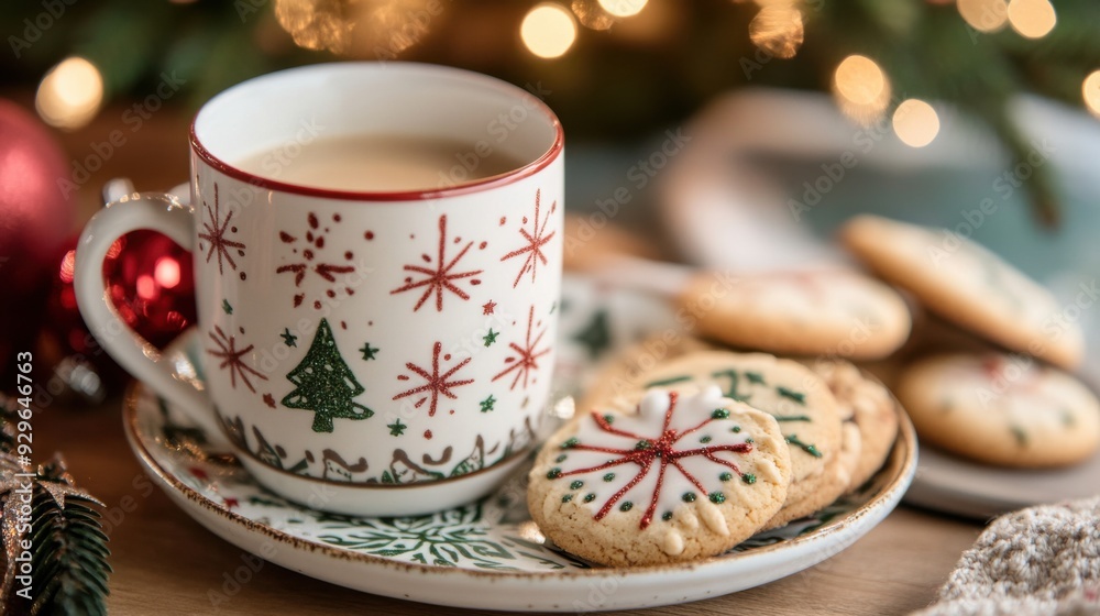 A festive scene featuring a cozy mug of warm drink alongside decorated holiday cookies, perfect for Christmas celebrations. A festive scene featuring a cozy mug of warm drink alongside decorated holiday cookies, perfect for Christmas celebrations.
