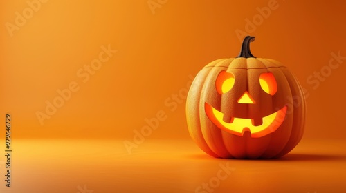 3D cute pumpkin with a carved smile, orange background, isolated