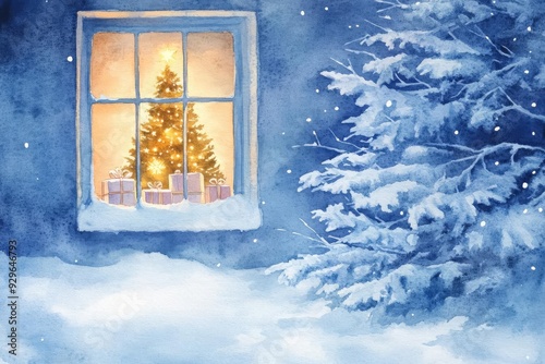 A snowy evening scene with a Christmas tree glowing through a window, gifts visible inside, watercolor, cool tones, serene and peaceful