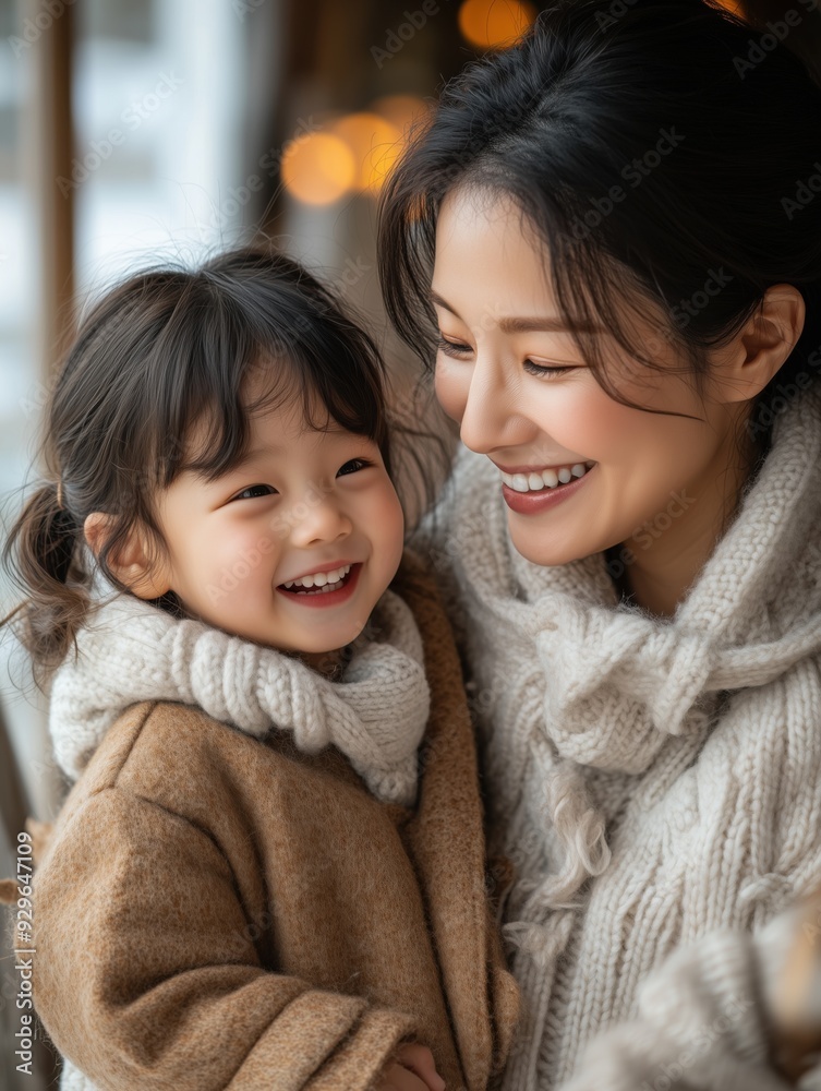 A joyful moment between mother and daughter, sharing smiles and warmth in cozy winter attire. A joyful moment between mother and daughter, sharing smiles and warmth in cozy winter attire.