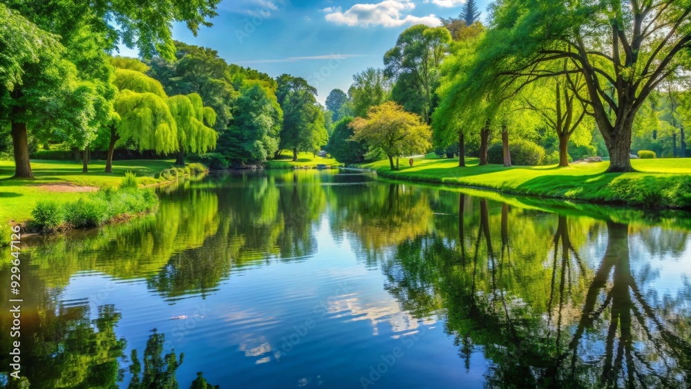Tranquil park scene with calm water reflecting lush greenery Tranquil park scene with calm water reflecting lush greenery
