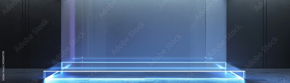 Futuristic Blue Neon Light Illuminated Glass Platform. Futuristic Blue Neon Light Illuminated Glass Platform.