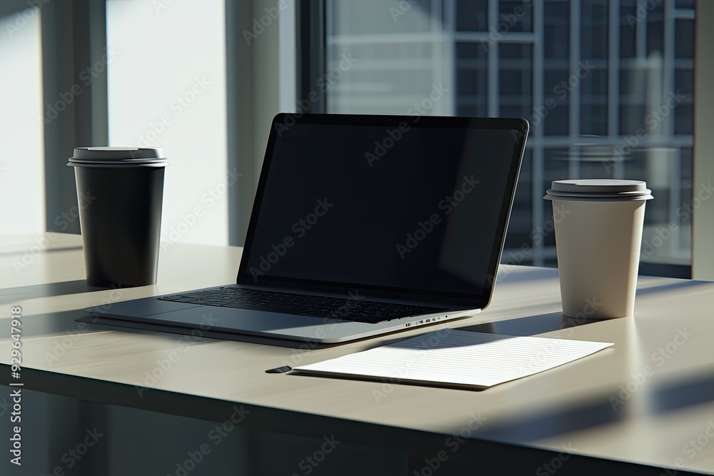 A sleek laptop sits on a modern desk beside coffee cups, evoking a productive workspace ambiance in a contemporary office setting. A sleek laptop sits on a modern desk beside coffee cups, evoking a productive workspace ambiance in a contemporary office setting.