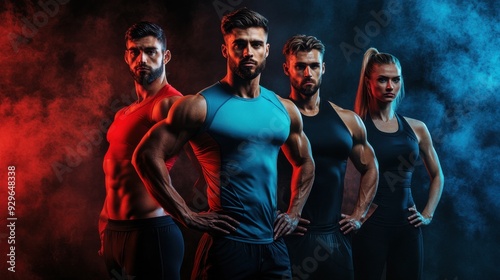 Dynamic fitness group showcasing strength and determination against a vibrant smoky backdrop, perfect for health and wellness themes.
