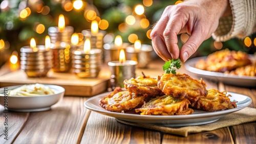 Crispy Potato Pancakes with Parsley Garnish on a Wooden Table. photo