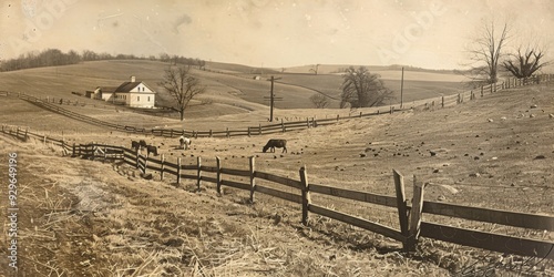 A serene countryside landscape with rolling green hills a classic farmh photo