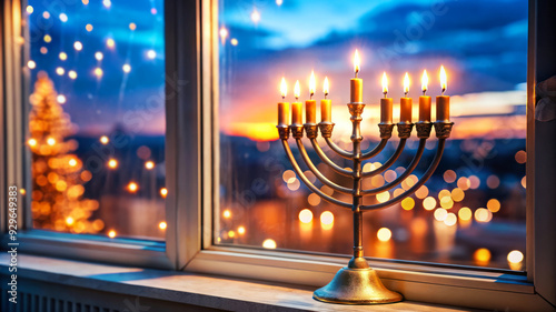 Menorah with Candles Against a City Lights Background.