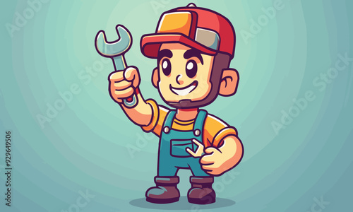 A handyman, mechanic, plumber or other construction cartoon mascot man holding a wrench or spanner tool.
