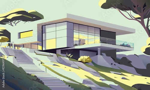 Vector graphics. A landscape in lilac and yellow tones with a modern house in the distance on a cliff