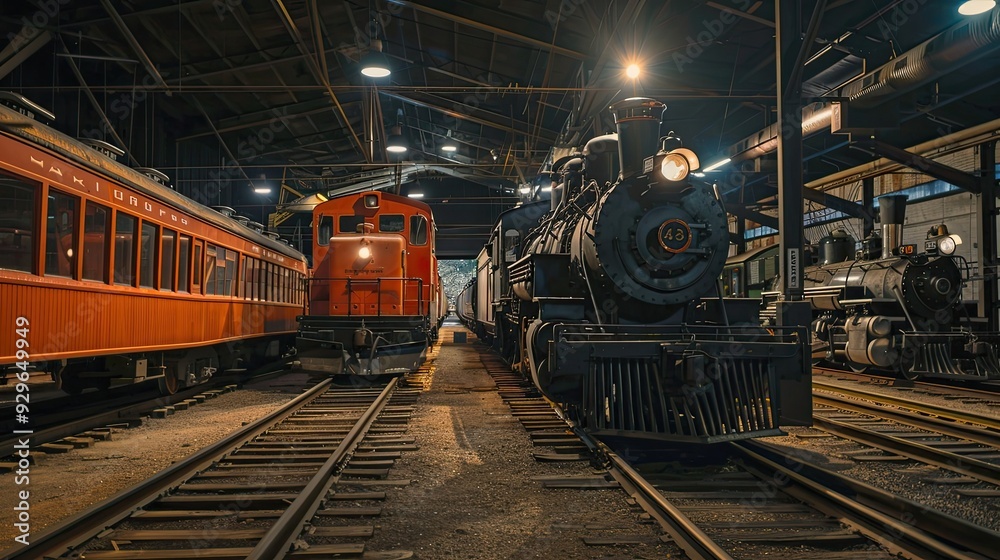 Interior view of a large train station with multiple vintage steam locomotives on display. The station features several trains on parallel tracks under an industrial-style roof. Generative by AI Interior view of a large train station with multiple vintage steam locomotives on display. The station features several trains on parallel tracks under an industrial-style roof. Generative by AI