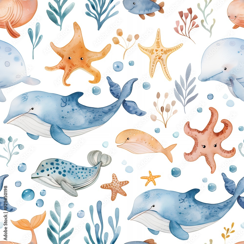 Fototapeta premium Seamless pattern of watercolor marine life including blue whales, dolphins, starfish, and sea plants on a white background.