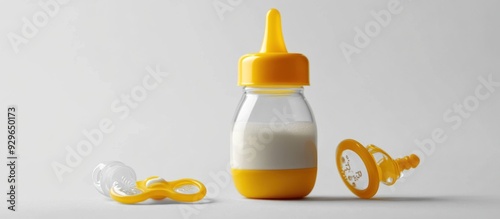 Yellow Baby Bottle with Milk and Nipple photo