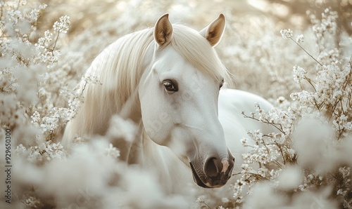 A white horse gracefully surrounded by delicate white cherry or plum blossoms in the bloom of spring photo