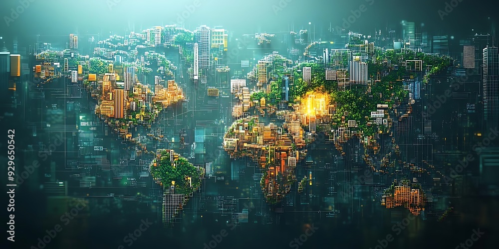 Obraz premium World Map Illustration with Green Buildings and Digital Network