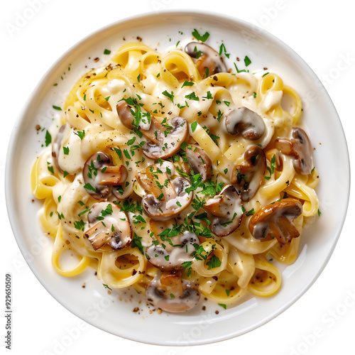 Creamy mushroom pasta on a plate on a transparent background
