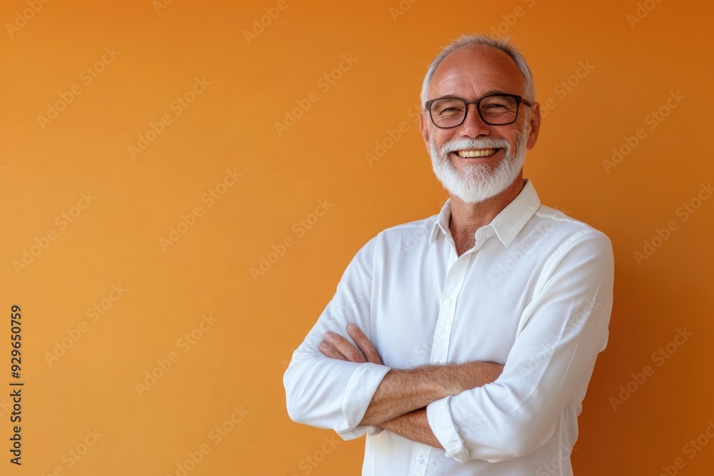 Senior male presenter, smiling confidently, in front of a solid light orange background with ample space for text Senior male presenter, smiling confidently, in front of a solid light orange background with ample space for text