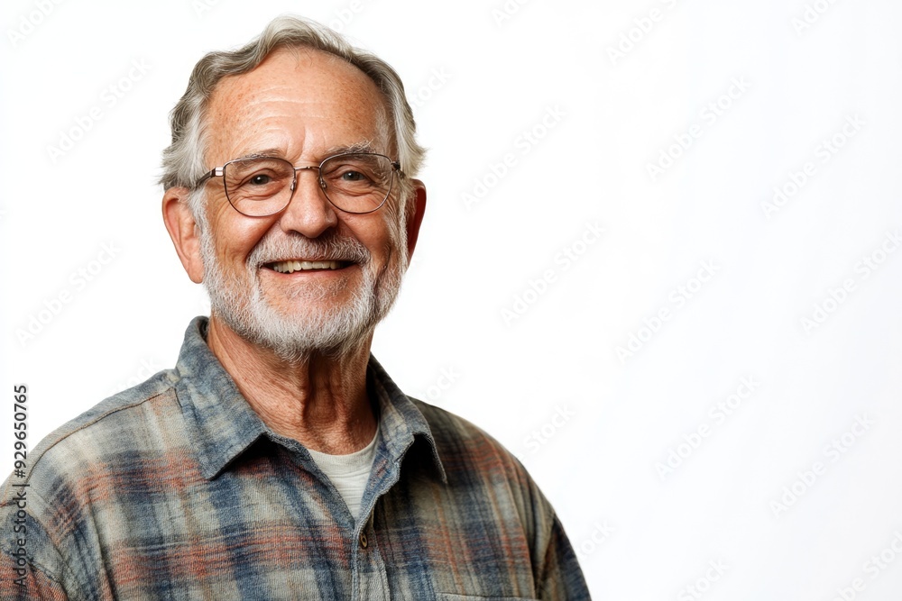 Half body shot of an elderly male presenter with a friendly smile, dressed in a casual shirt, standing in front of a solid white background Half body shot of an elderly male presenter with a friendly smile, dressed in a casual shirt, standing in front of a solid white background