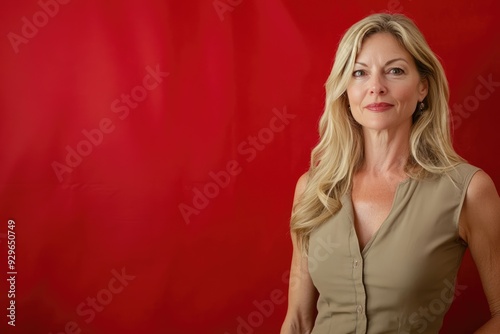 A mature blonde woman in a khaki dress presents an empty space beside her, with a red backdrop highlighting her poised expression