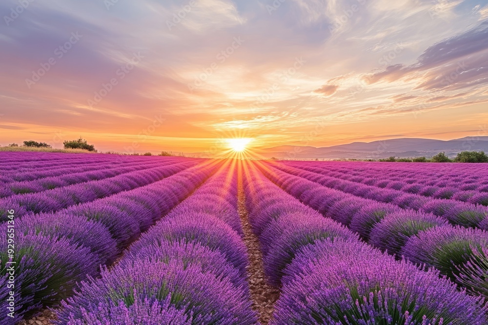 Obraz premium Vibrant lavender field under a stunning sunset sky, showcasing rows of purple flowers and a serene landscape.