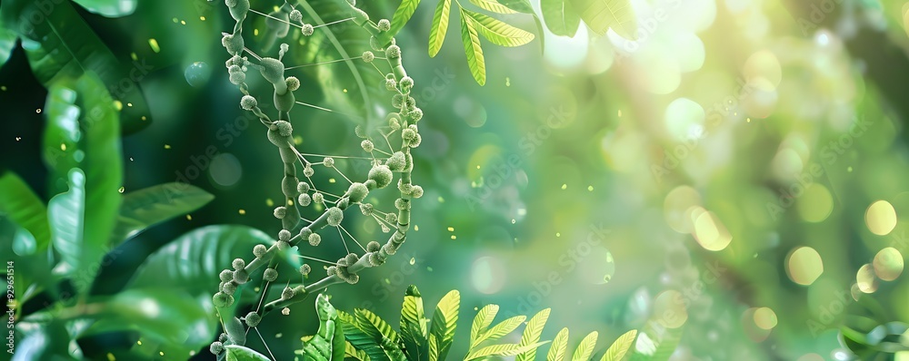 A DNA Double Helix Emerging from Green Foliage A DNA Double Helix Emerging from Green Foliage