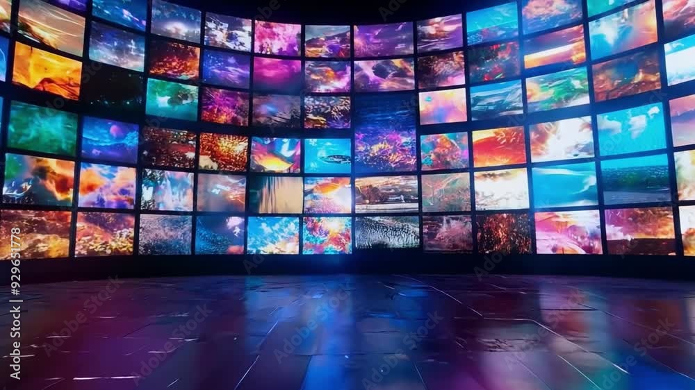 Step into a futuristic room adorned with an array of monitors and screens, forming an impressive video wall that envelops the space with a captivating visual display. Generative AI
