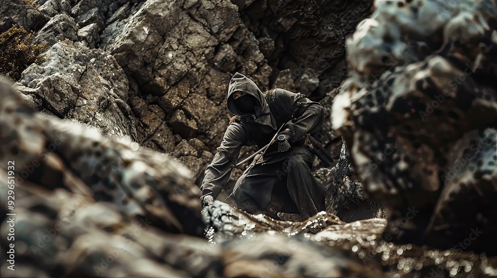 Hooded figure in dark clothing using supernatural abilities to manipulate rocks. Mysterious character in a dramatic landscape with debris flying. Generative by AI Hooded figure in dark clothing using supernatural abilities to manipulate rocks. Mysterious character in a dramatic landscape with debris flying. Generative by AI