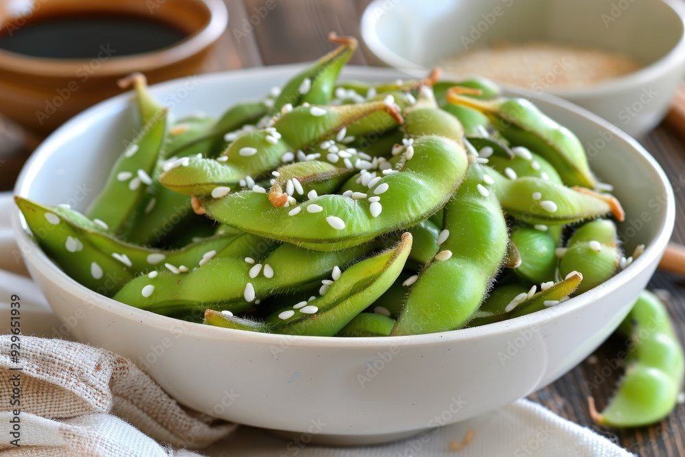 Close-up of a bowl of steamed edamame sprinkled with sesame seeds, served with soy sauce on the side, creating a fresh and healthy snack. Close-up of a bowl of steamed edamame sprinkled with sesame seeds, served with soy sauce on the side, creating a fresh and healthy snack.