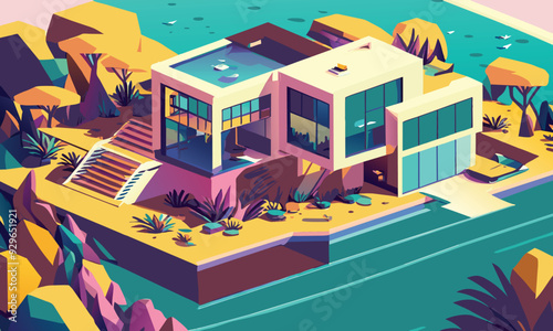 A modern multicolored cottage with a river. View from above. Vector graphics