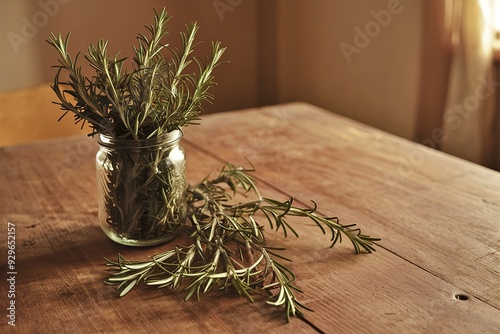 A rustic wooden table upon which a glass jar filled with dried herbs, possibly rosemary, is placed