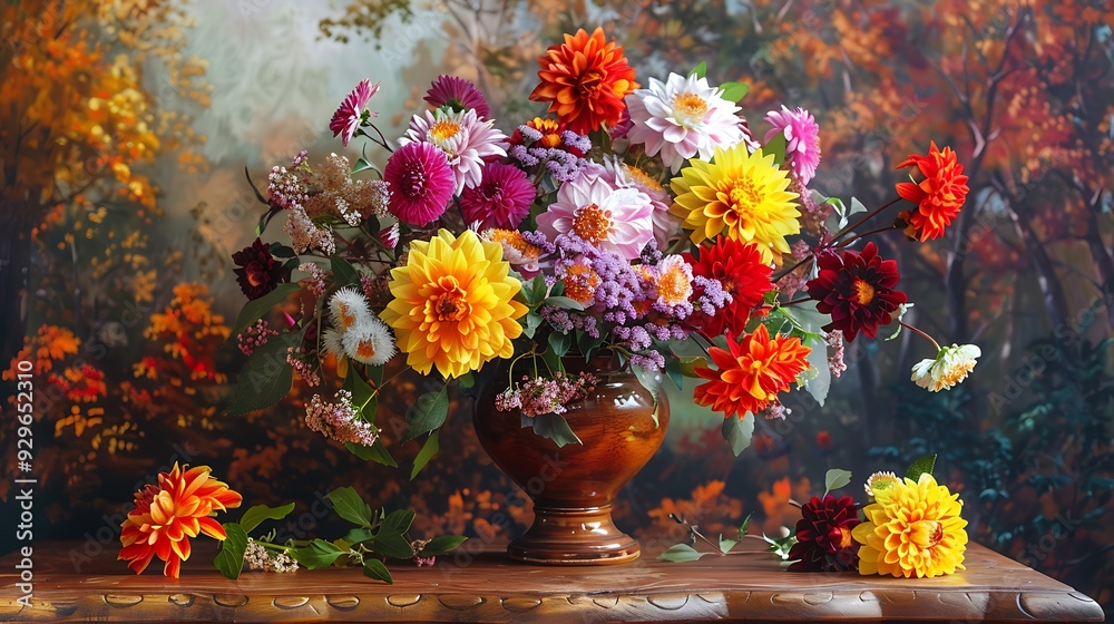 A colorful autumn a flower vase of asters and dahlias on the table A colorful autumn a flower vase of asters and dahlias on the table