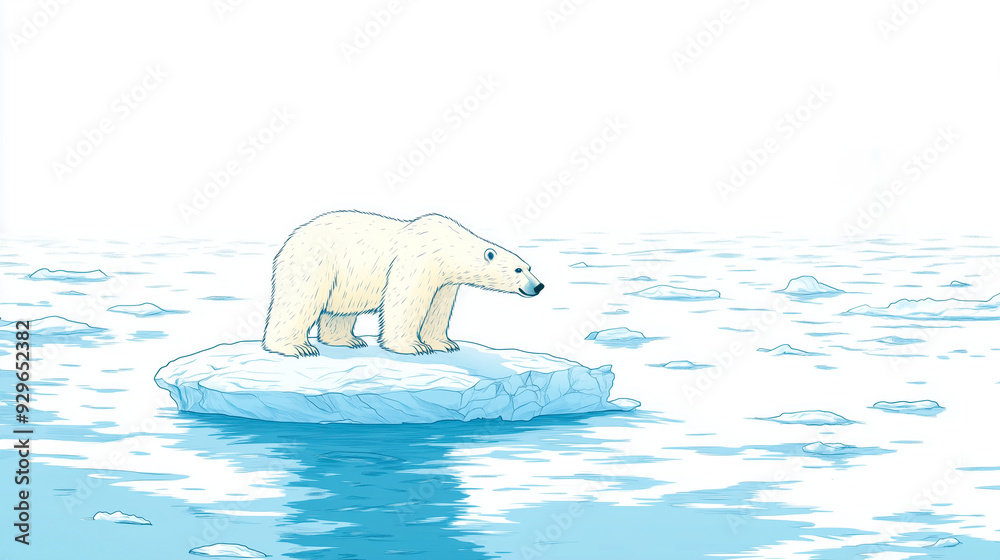Naklejka premium Illustration of a polar bear standing on a small, melting ice floe in the Arctic, climate change and habitat loss