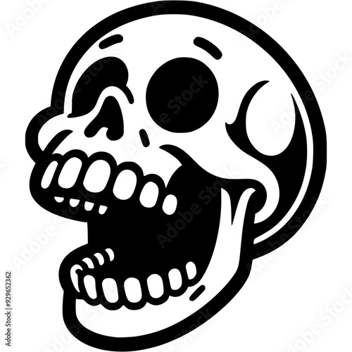 Dried human skull laughs cheerfully in monochrome. Simple minimalistic vector in black ink drawing on transparent background