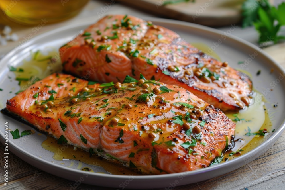 Baked salmon with a honey mustard glaze on a plate Baked salmon with a honey mustard glaze on a plate
