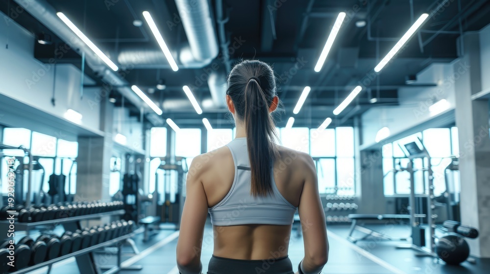 In a sleek and bright gym, a young, attractive fitness trainer demonstrates her workout routine. The modern design and clear lighting enhance the overall appeal of the space. In a sleek and bright gym, a young, attractive fitness trainer demonstrates her workout routine. The modern design and clear lighting enhance the overall appeal of the space.