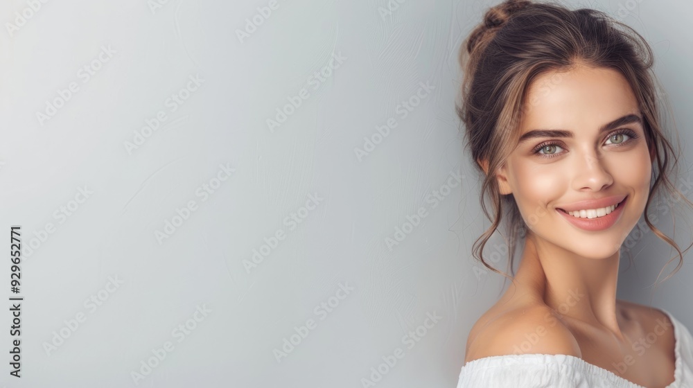 Beautiful woman with a friendly smile, half-body shot against a solid light grey background, with copy space on the right side