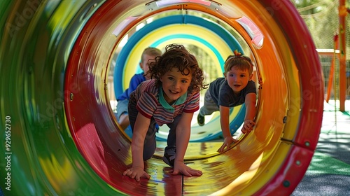 Children playing inside a colorful tunnel on an indoor playground. Two kids crawling through the plastic tube and smiling at the camera. Generative by AI
