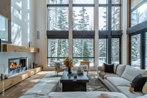 Living room with modern furniture  a fireplace  and large windows