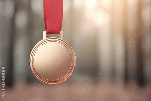 An empty bronze medal with a red ribbon, symbolizing achievement and recognition against a blurred natural background. photo